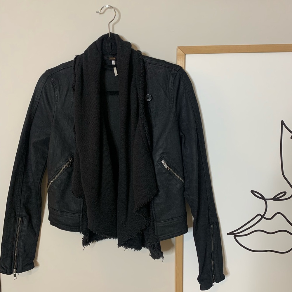 Free People Black Drape Coated Denim Convertible Knit Moto Jacket - Size XS 0